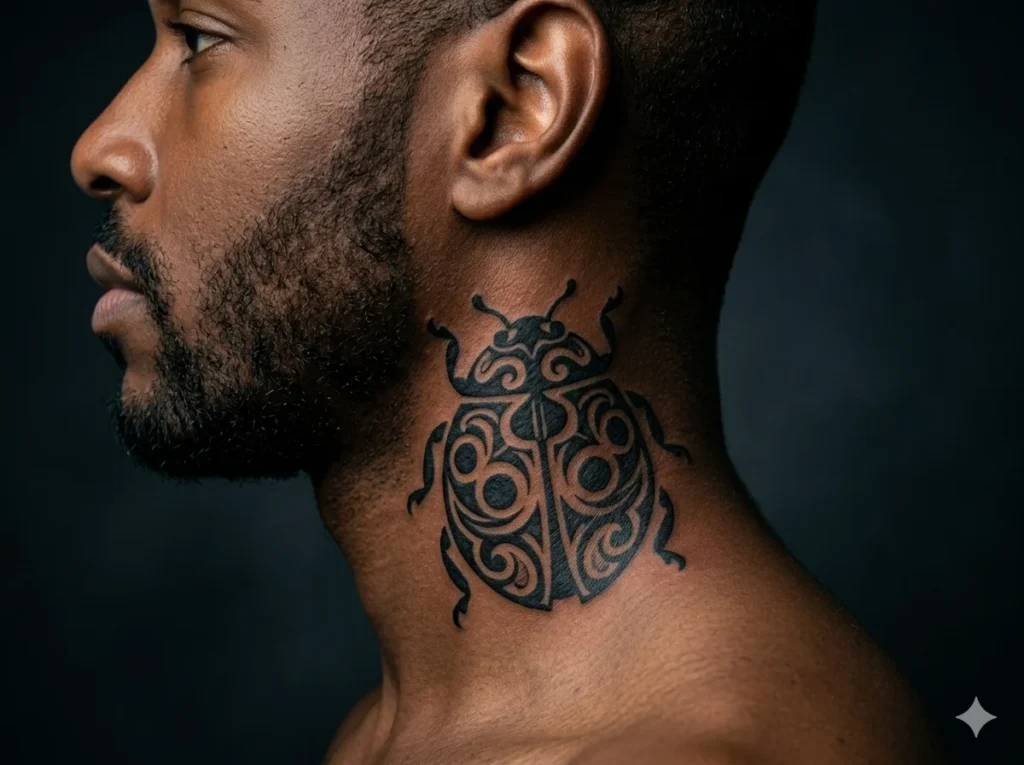 bold tribal style ladybug tattoo made with black ink patterns placed on the back side of a man's neck on dark skin tone