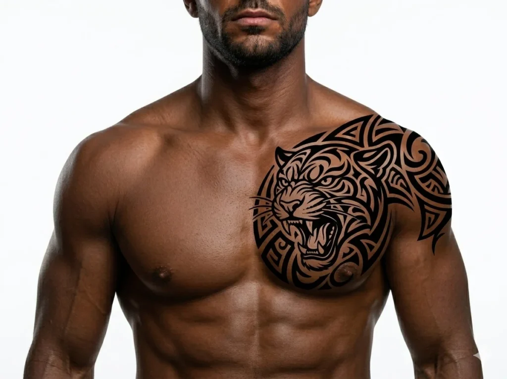 tribal black panther tattoo on left side chest