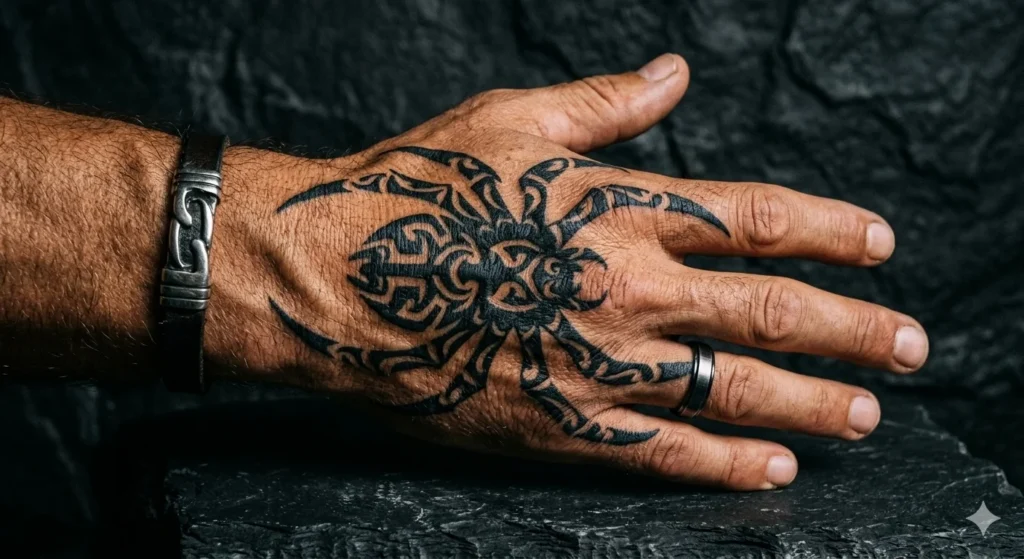 Tribal spider tattoo on hand
