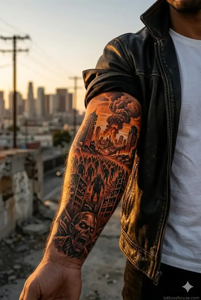 Zombie apocalypse forearm sleeve tattoo for men on thick muscular brown arm with orange black colors by tattooshouse.com
