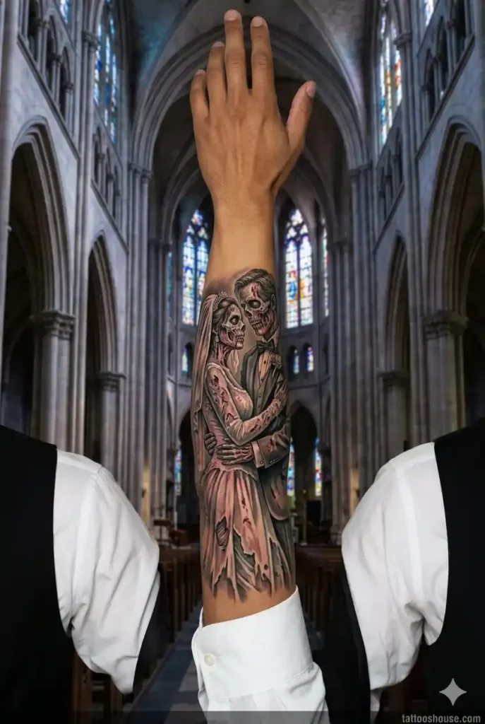 Zombie bride and groom wrap tattoos for men on one single muscular lean olive arm with white gray pink colors circling entire forearm by tattooshouse.com