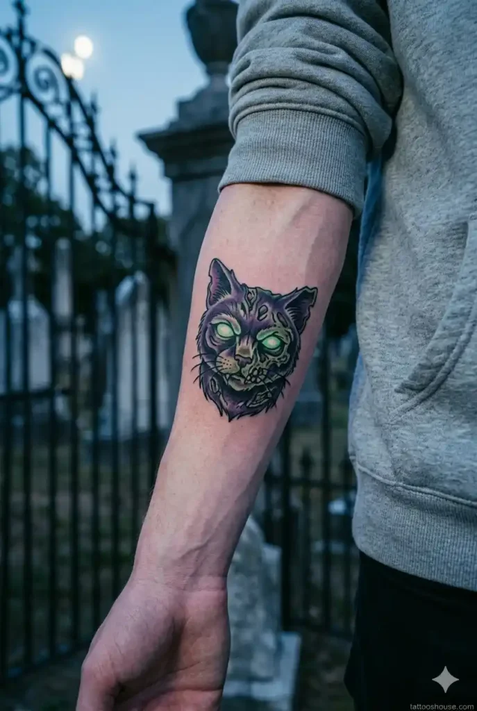 Zombie cat tattoos for men on single delicate fair slim arm with purple green colors by tattooshouse.com