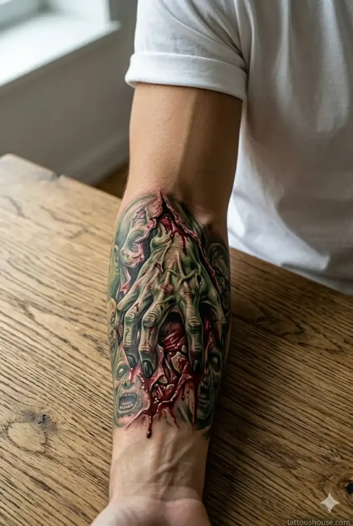 Macro close-up of 3D zombie hand tattoo emerging from olive tan slim arm with red tones by tattooshouse.com