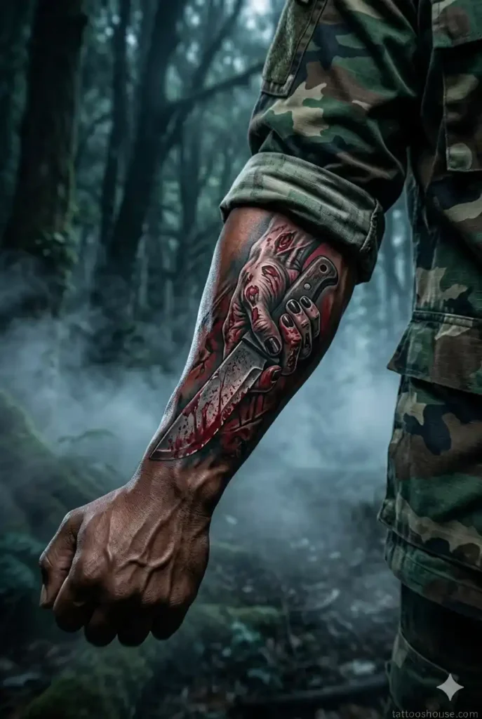 Zombie hand with machete tattoos for men on thick dark brown arm with red gray colors by tattooshouse.com