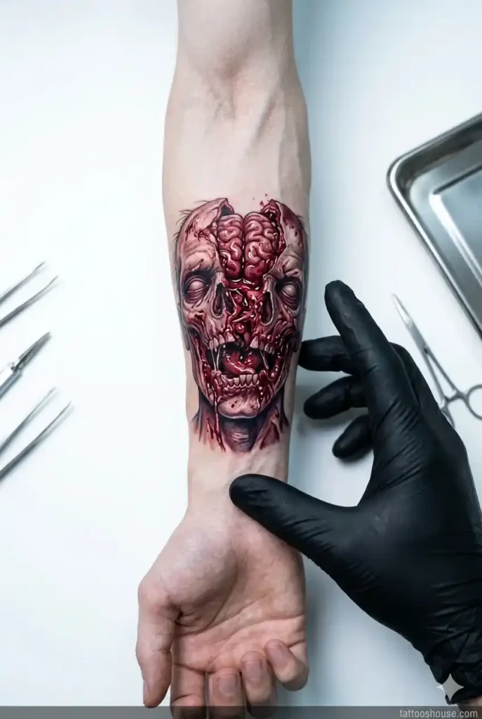 Zombie head split open tattoos for men on thin bony albino arm with red purple colors by tattooshouse.com