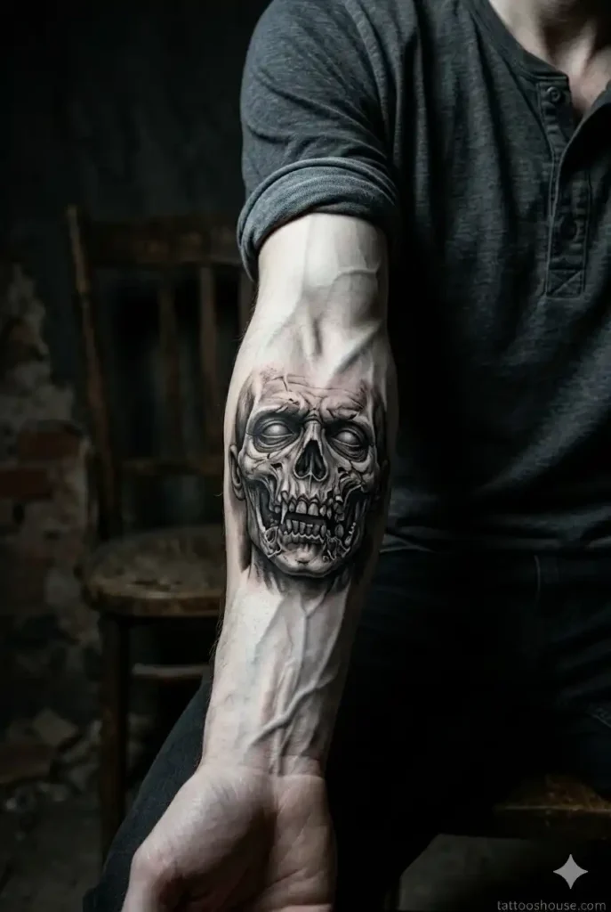 Zombie face portrait tattoos for men in black gray on lean pale inner forearm with smoky background by tattooshouse.com