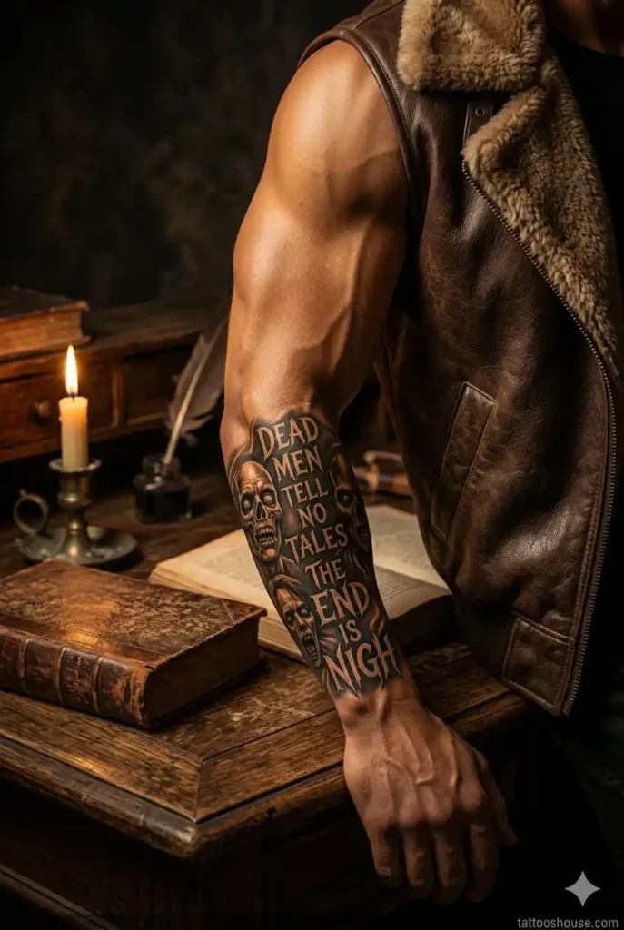 Zombie portrait with quote tattoos for men on ripped golden tan arm with bronze black colors by tattooshouse.com