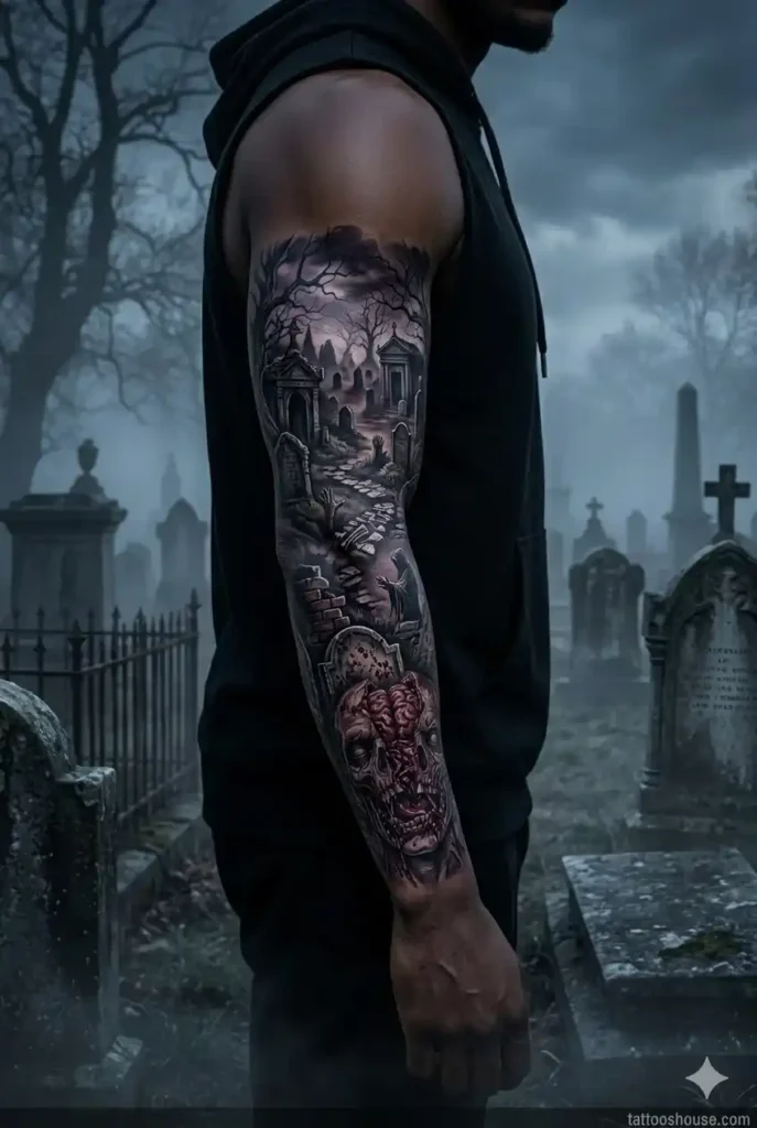 Zombie graveyard tattoos for men on large muscular dark ebony arm with black purple silver by tattooshouse.com