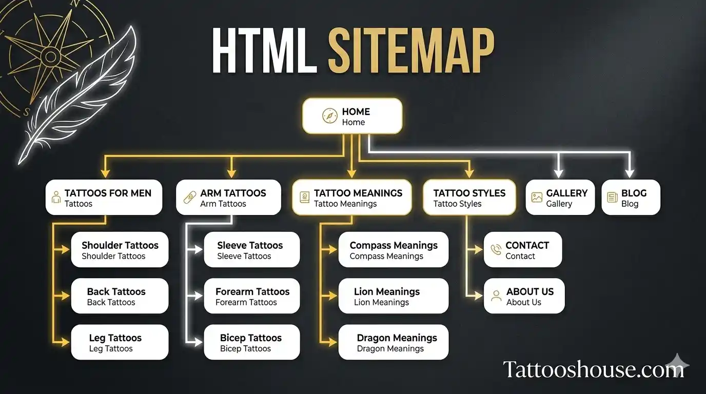 HTML sitemap featured image with bold title, structured diagram, and minimalist tattoo design for Tattooshouse.com website.