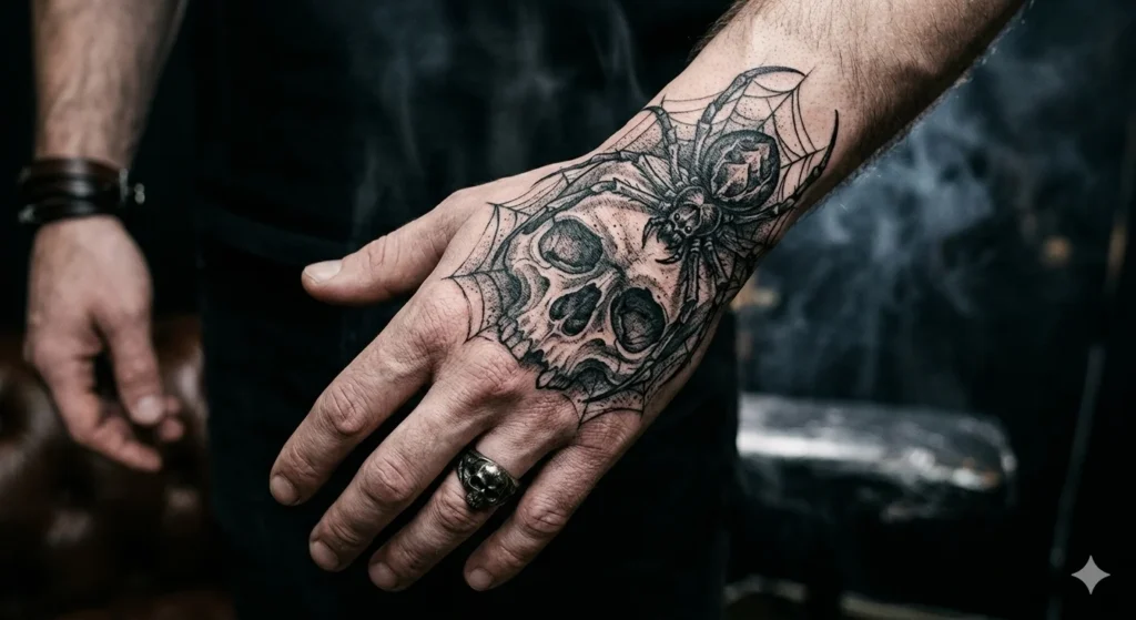 Skull and spider tattoo on hand