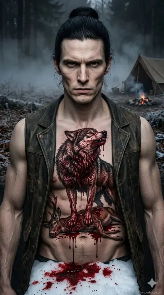 Blood-covered wolf after fresh kill on lean pale hunter in forest clearing – dangerous wolf chest tattoos for men by tattooshouse.com