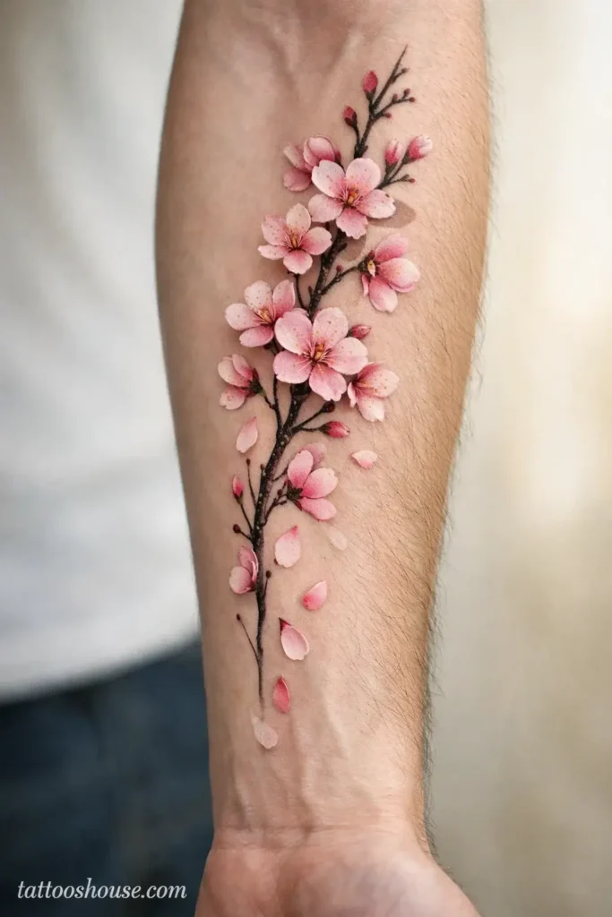 Japanese cherry blossom forearm tattoos for men in pink brown and black by tattooshouse.com