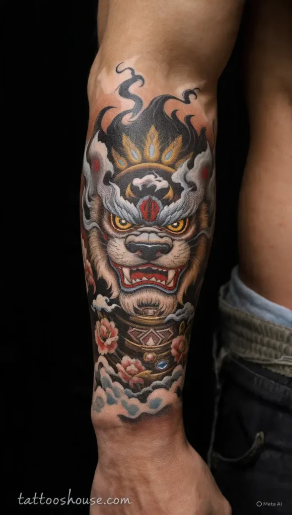 Japanese Fu dog lion dog forearm tattoos for men in blue gold and red with peony background by tattooshouse.com