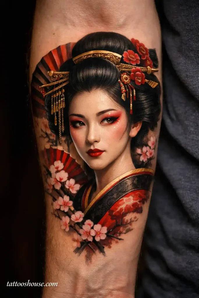 Japanese geisha forearm tattoos for men in red black and gold with fans background by tattooshouse.com