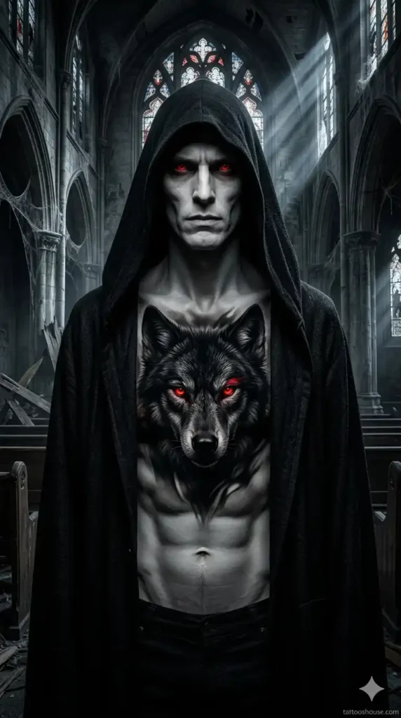 Wolf with glowing red eyes on hooded mysterious man in abandoned church – dangerous wolf chest tattoos for men by tattooshouse.com
