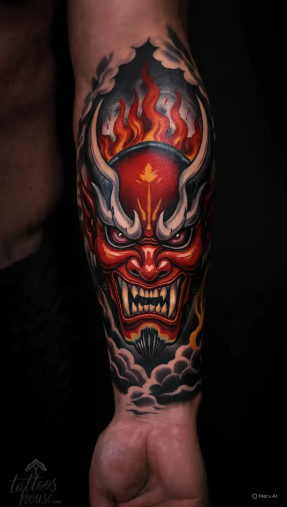 Japanese Hannya mask forearm tattoos for men in red white black and gold with flames background by tattooshouse.com