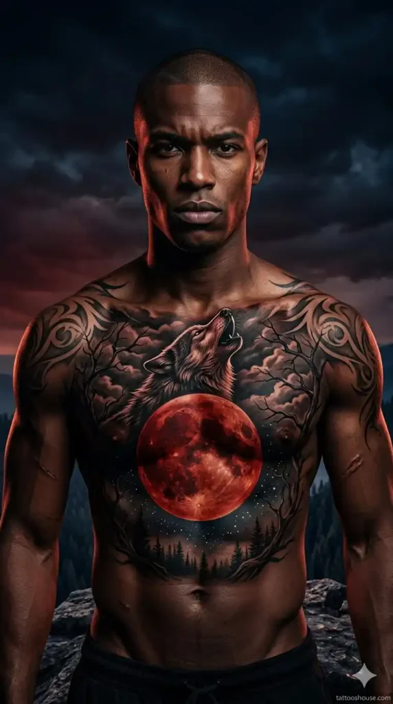 Howling wolf at blood moon on young athletic dark-skinned man on mountain cliff – dangerous wolf chest tattoos for men by tattooshouse.com