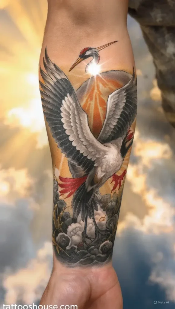 Japanese crane forearm tattoos for men in white black red and gold with sun rays background by tattooshouse.com