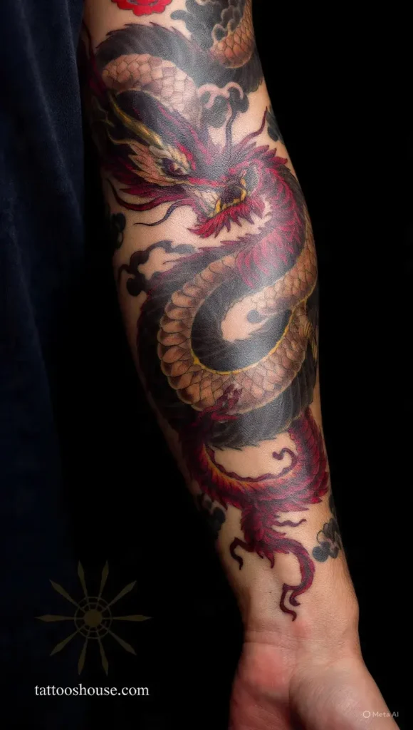 Traditional Japanese dragon forearm wrap tattoos for men in red gold and black with cloud background by tattooshouse.com