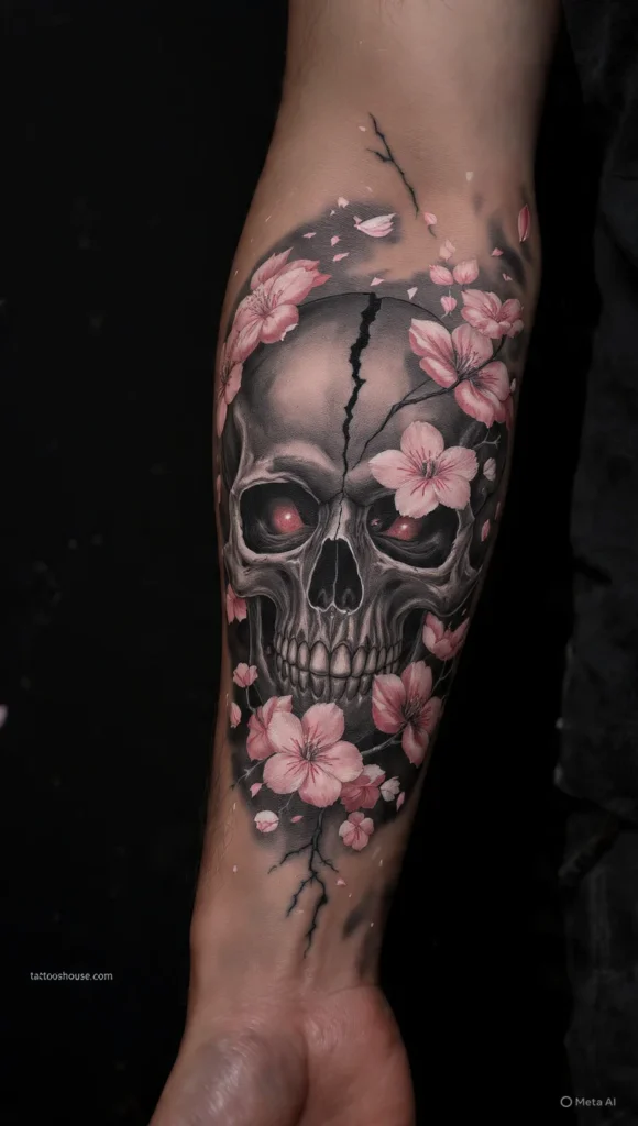 Japanese skull with flowers forearm tattoos for men in black gray and pink with falling petals by tattooshouse.com