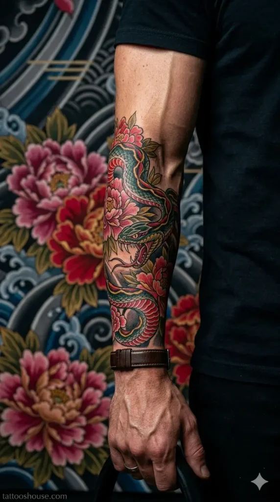 Japanese snake forearm wrap tattoos for men in green red and yellow with peony background by tattooshouse.com