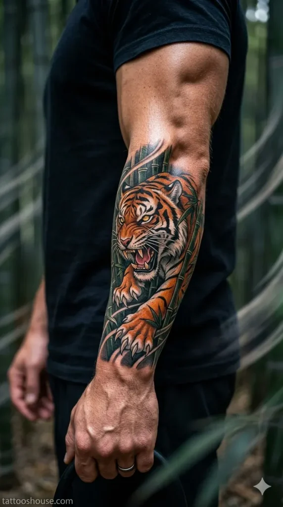 Roaring Japanese tiger forearm tattoos for men in orange black and green with bamboo background by tattooshouse.com