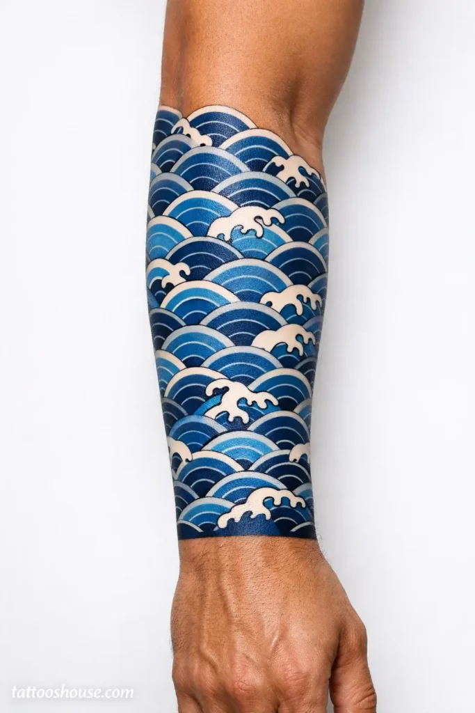 Japanese waves Seigaiha forearm wrap tattoos for men in navy blue and white by tattooshouse.com