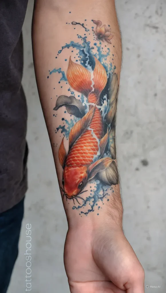 "Orange koi fish swimming upstream forearm tattoos for men with blue water background by tattooshouse.com"