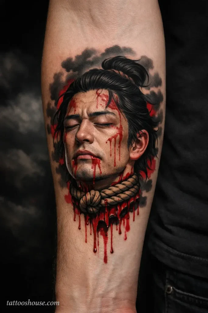 Japanese Namakubi severed head forearm tattoos for men in red black and gray by tattooshouse.com