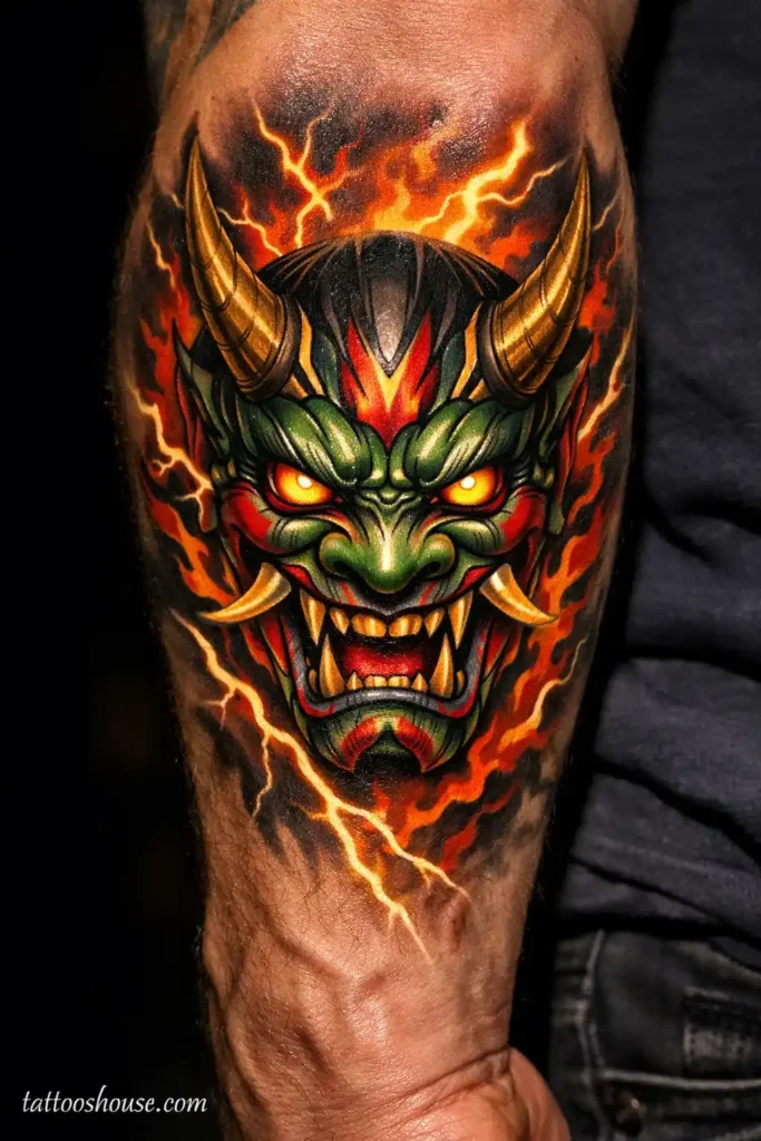 Japanese Oni mask forearm tattoos for men in green red and gold with flames background by tattooshouse.com