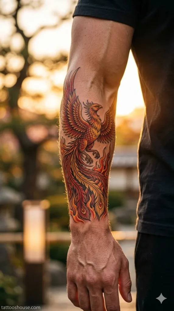 Phoenix rising forearm tattoos for men in red orange yellow and gold with flames background by tattooshouse.com