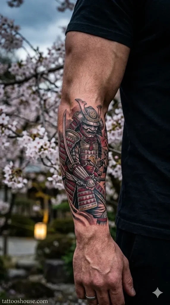 Samurai warrior forearm tattoos for men in silver red black and gold with cherry blossoms by tattooshouse.com