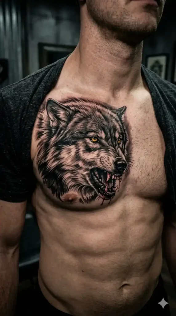 Snarling alpha wolf with bloody fangs – dangerous wolf chest tattoos for men by tattooshouse.com