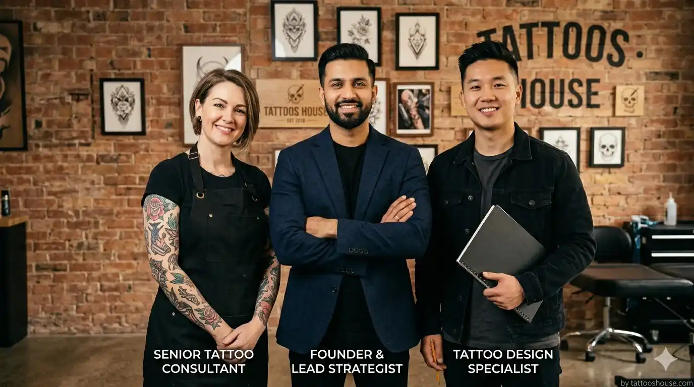 Tattoos House leadership team founder Ahmad Farooq with Sarah Williams and Mike Chen showing their positions by tattooshouse.com