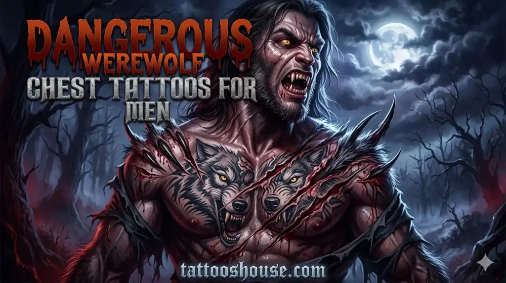 Top 15 dangerous wolf chest tattoos for men – cinematic featured image with snarling wolf and glowing eyes by tattooshouse.com