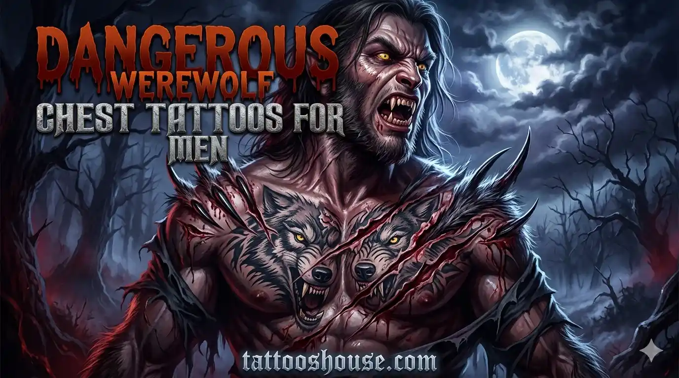 Top 15 dangerous wolf chest tattoos for men – cinematic featured image with snarling wolf and glowing eyes by tattooshouse.com
