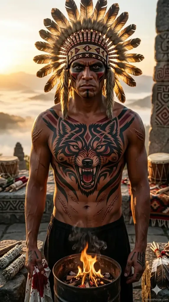 Tribal wolf with war paint on indigenous warrior on sacred mountain – dangerous wolf chest tattoos for men by tattooshouse.com