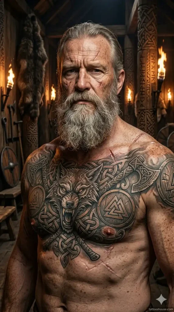 Viking wolf with Nordic elements on rugged older man in Viking longhouse – dangerous wolf chest tattoos for men by tattooshouse.com