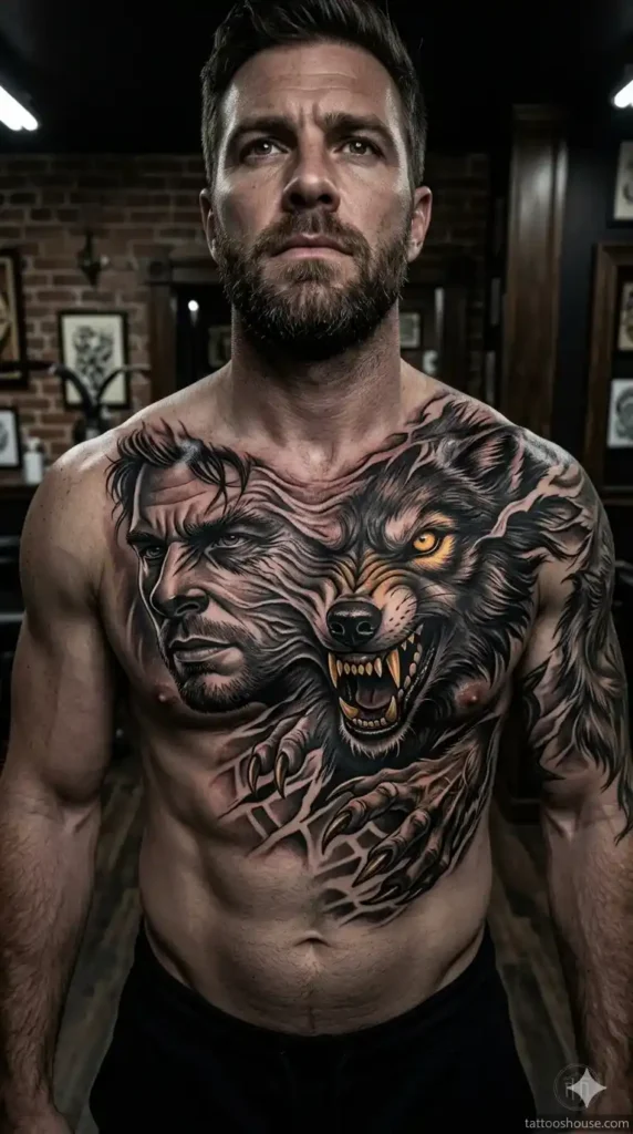 Werewolf transformation mid-morph – dangerous wolf chest tattoos for men by tattooshouse.com