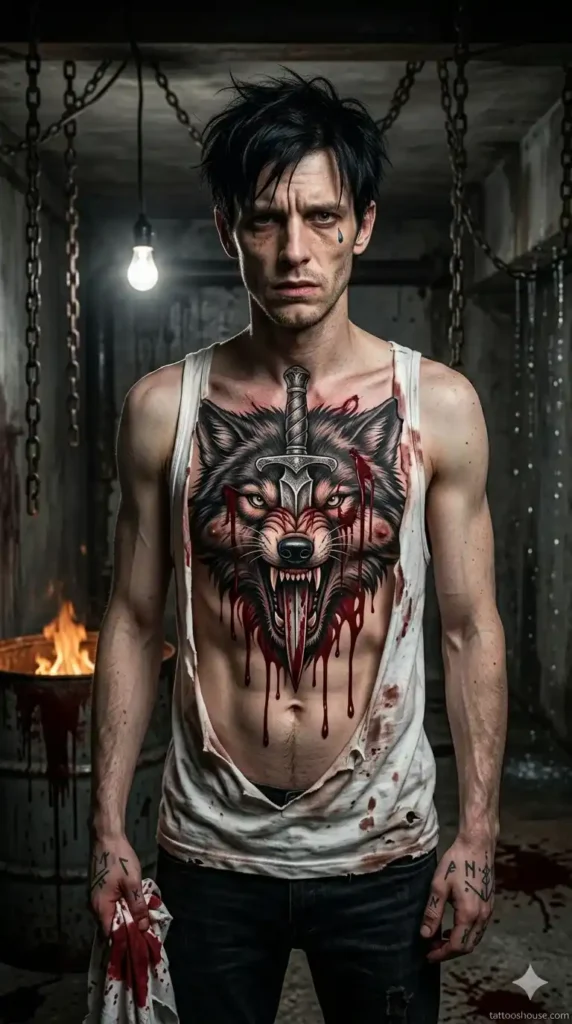 Wolf with dagger through head on tortured man in dark basement – dangerous wolf chest tattoos for men by tattooshouse.com