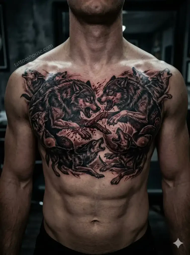 Wolf pack battle scene – dangerous wolf chest tattoos for men by tattooshouse.com
