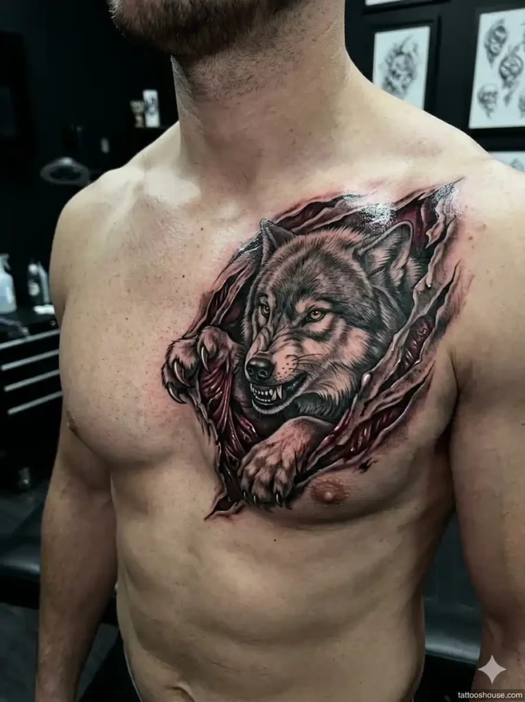 Wolf ripping through chest skin 3D effect – dangerous wolf chest tattoos for men by tattooshouse.com
