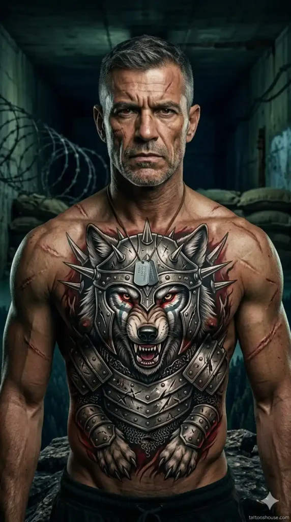 Wolf in war armor on military veteran in abandoned bunker – dangerous wolf chest tattoos for men by tattooshouse.com