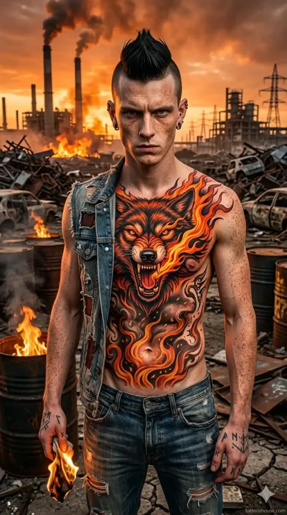 Wolf surrounded by fire on young rebel with mohawk in industrial wasteland – dangerous wolf chest tattoos for men by tattooshouse.com