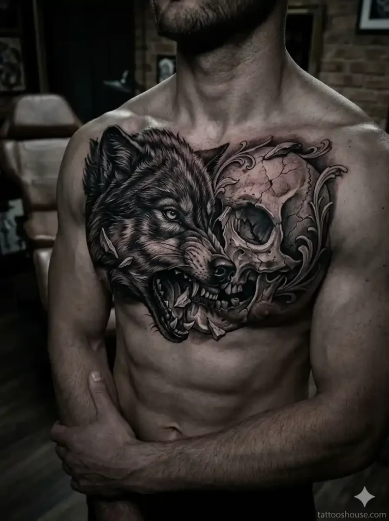 Wolf and skull combination – dangerous wolf chest tattoos for men by tattooshouse.com