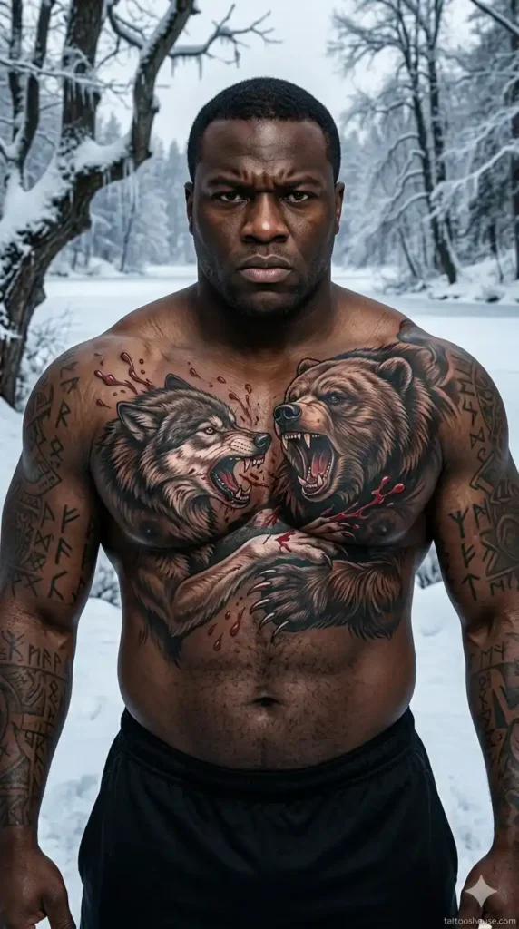 Wolf fighting bear battle scene on large dark-skinned man in snowy forest – dangerous wolf chest tattoos for men by tattooshouse.com