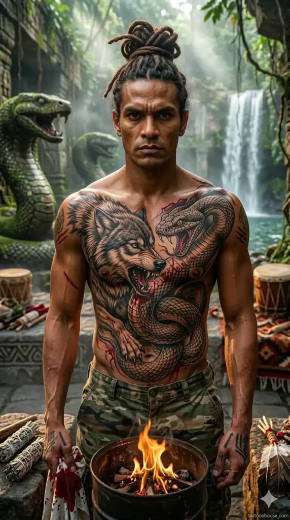 Wolf fighting snake battle on agile dreadlocked man in jungle temple ruins – dangerous wolf chest tattoos for men by tattooshouse.com