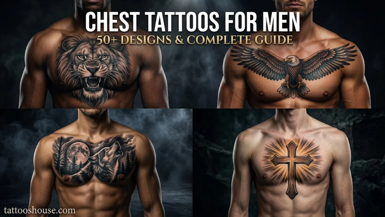 Chest tattoos for men featured image showing lion, eagle, wolf, and cross designs in collage layout by tattooshouse.com