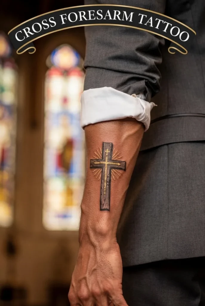 Wooden cross forearm tattoo for men on tall lanky brown arm with white gold serif text by tattooshouse.com