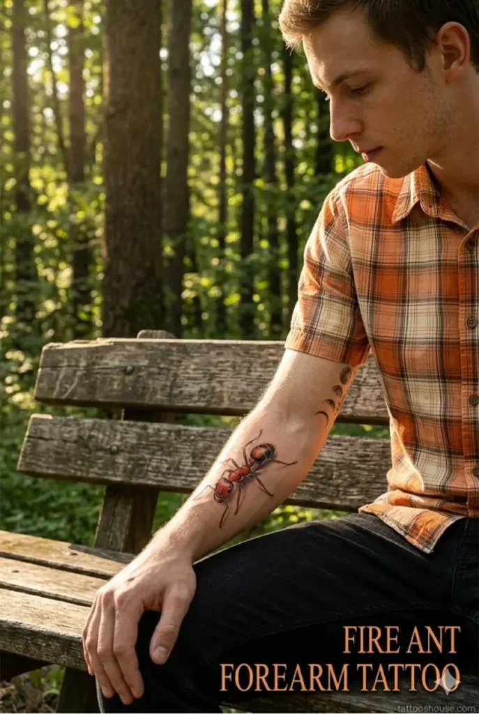 Realistic fire ant forearm tattoo for men on golden tan arm with orange sans-serif text by tattooshouse.com